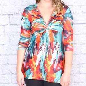 Laura Hlavac Vibrant Orange and Blue Tie Front Tunic Blouse